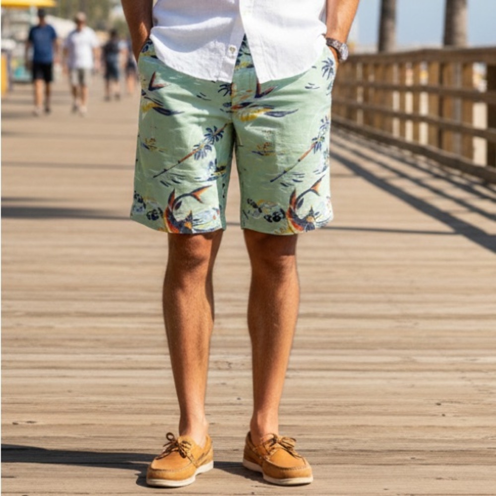 Polo Ralph Lauren Sz 31 Classic Fit Linen Green Fish 6” Preppy Short